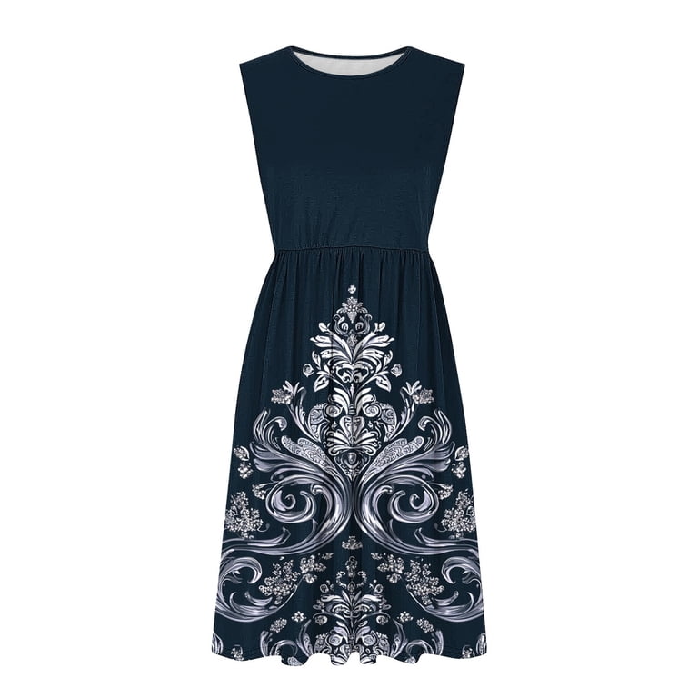 damask party dress Gamivast Party Dresses for Women Elegant Classy Sleeveless Round Neck Damask  Print Swing Dress High Waist Pleated Cocktail Dress Wedding Guest Date  Night