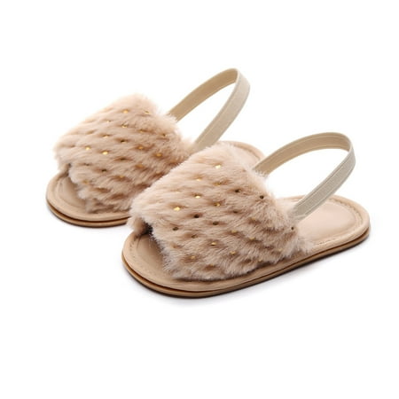 

Bmnmsl Baby Girls Plush Sandals Summer Gold Dot Open Toe Flats Walking Shoes