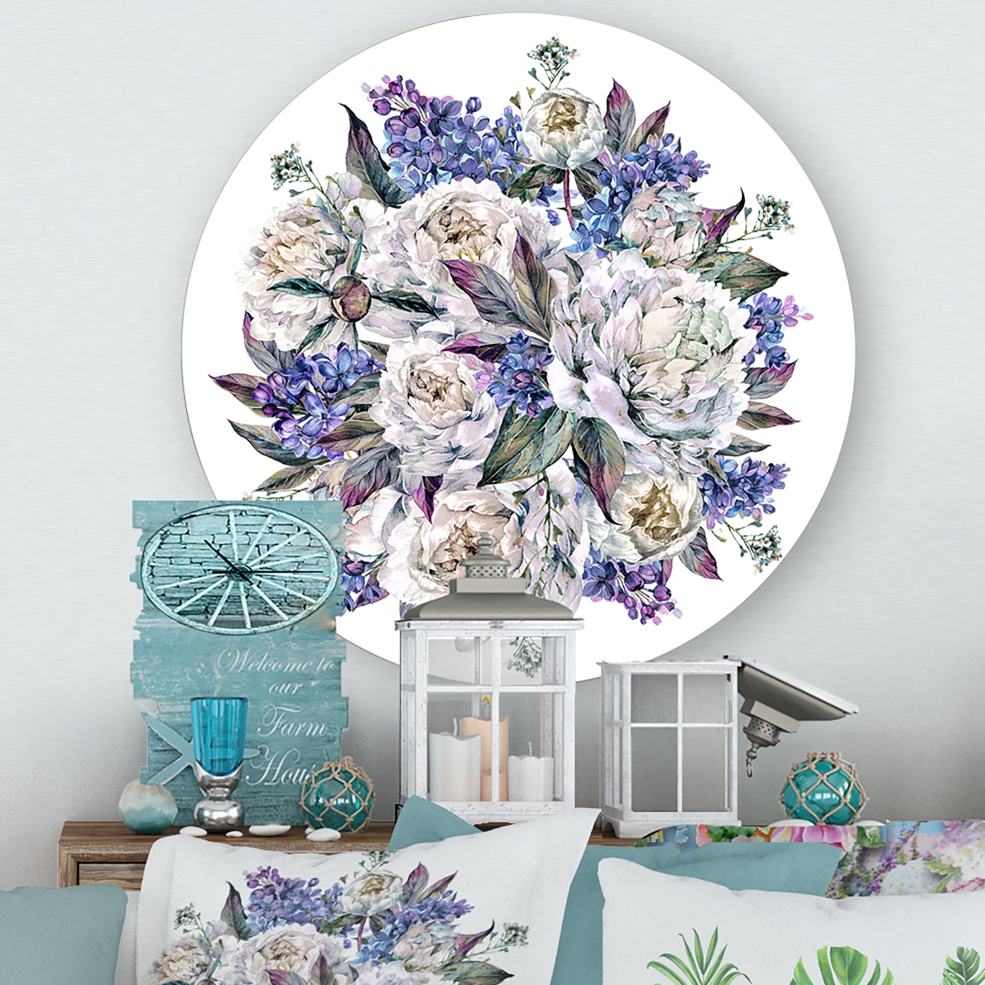 Designart 'Bouquet Peonies In Blue and White' Traditional Circle Metal Wall Art 23x23 - Disc of 23