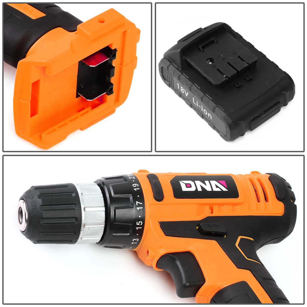 DNA Motoring TOOLS-00020 DNA MOTORING Orange 46 Pcs 18V 1300mAh Battery Cordless Drill Combinaton Tool Set Home Hand Repair Kit