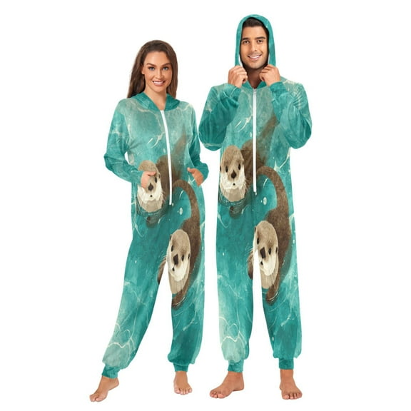 Wobogo Cute Otter Unisex Pajamas Hooded Onesie Jumpsuit Zipper version Non-Footed Women&Men