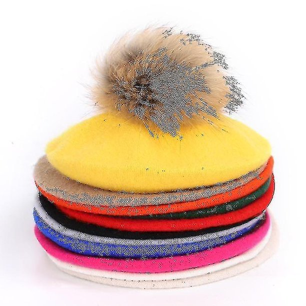 Invierno Elegante, Piel de Mapache, Boina con Pompones, Gorro Capblue-1254
