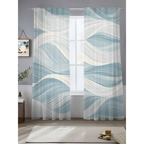 White Blue Ombre Stripe Sheer Curtains for Living Room Bedroom Modern Abstract Moire Waves Sheer Curtains 108 Inch Long 2 Panels Set Light Filtering Curtain Window Treatments Drapes for Dining Room