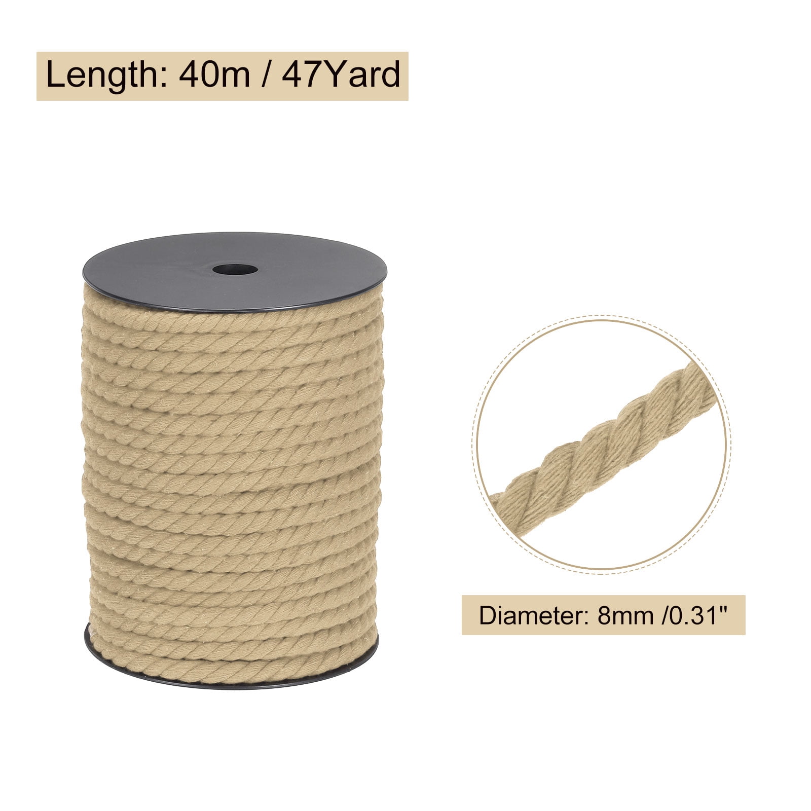 Cotton Rope 3 Strand Twisted Braided Rope Cord, Light Brown 40m/47 Yard 8mm Dia for Wall Hanging, Plant Hanger