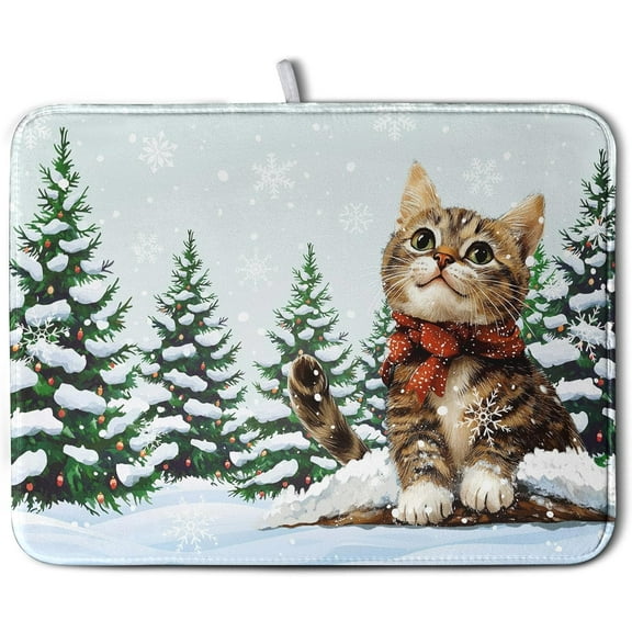 Winter Cat Dish Drying Mat for Kitchen Counter 18x24 Inch Cute Kitty Snow Pine Tree Dishes Drying Mats Large Microfiber Absorbent Dish Rack Pad Fast Dry Dish Mat for Coffee Bar Sinks Home Accessories