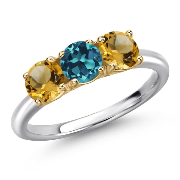 Gem Stone King 925 Silver and 10K Yellow Gold London Blue Topaz and Yellow Citrine Engagement Ring for Women | 1.60 Cttw | Round 5MM | Gemstone November Birthstone | Size 6