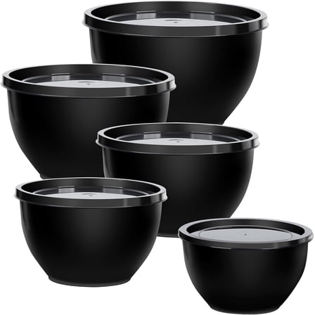 Plastic Mixing Bowls with Lids Set for Kitchen, Nesting Bowls for Mixing, Baking, Ppping, Cooking and Serving Food, Mixing Bowls Dishwasher, Microwave Safe (Black)