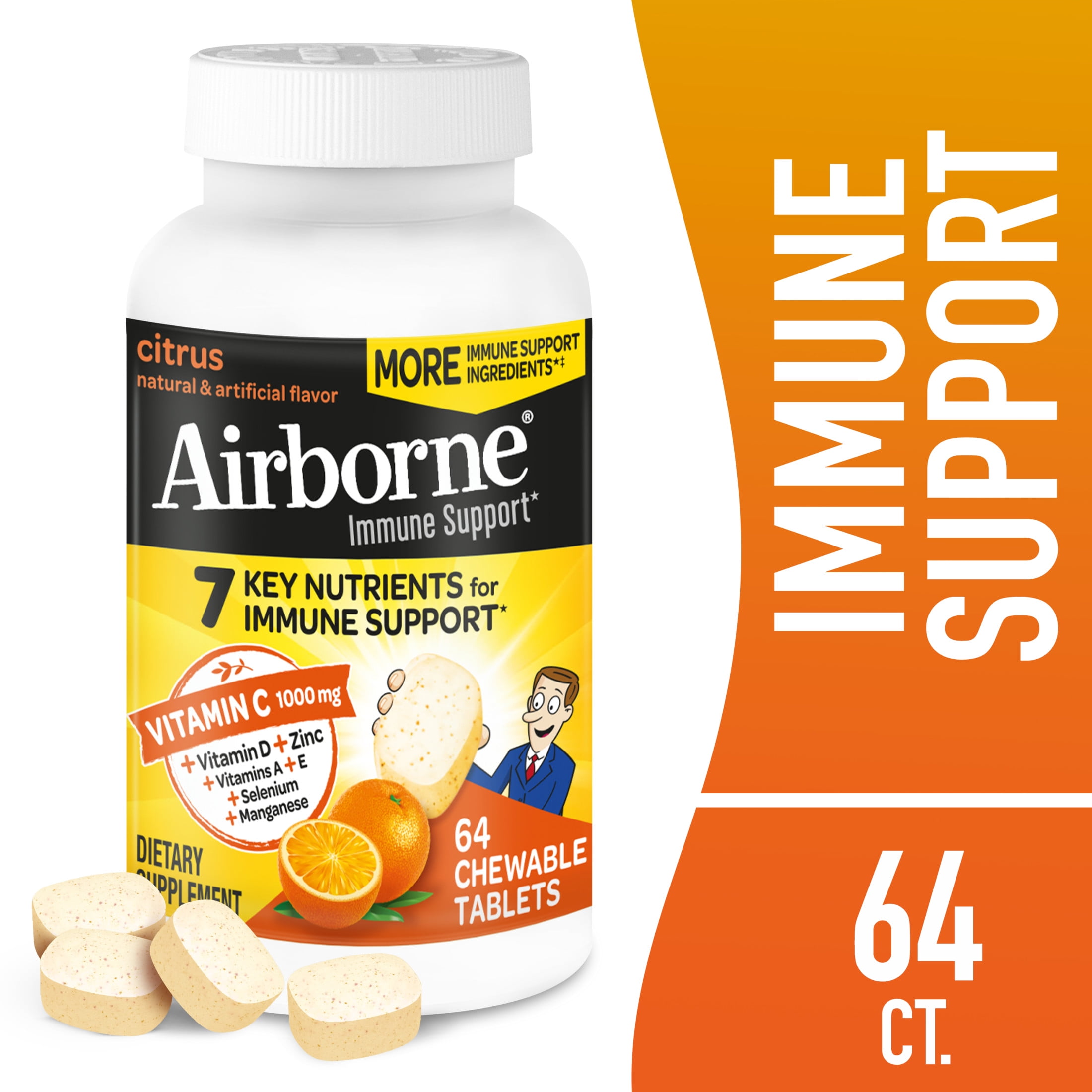 (3 pack) Airborne 1000mg Vitamin C Immune Support Chewable Tablets, Multivitamin Supplement, Citrus Flavor, 64 ct