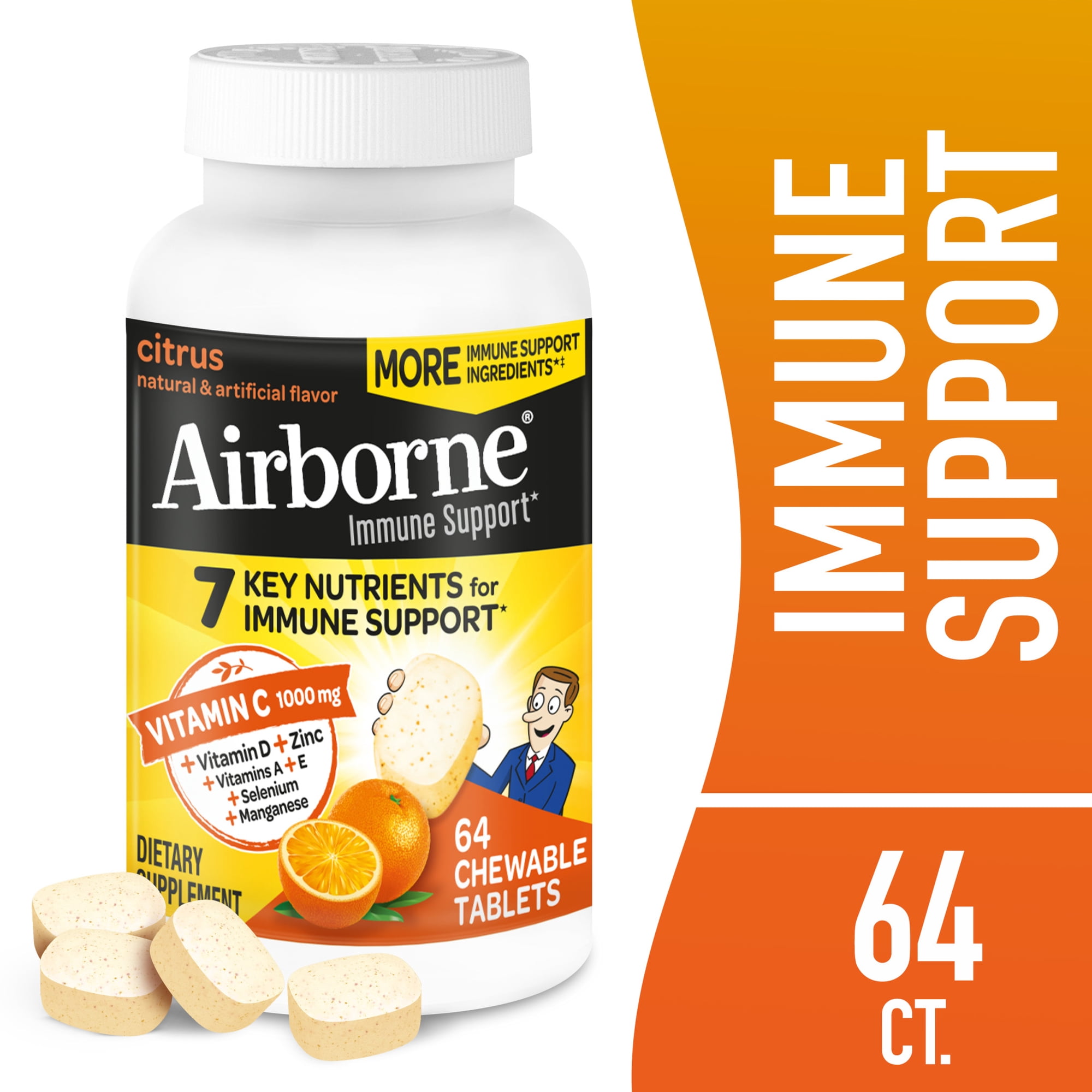Airborne 1000mg Vitamin C Immune Support Chewable Tablets, Multivitamin Supplement, Citrus Flavor, 64 ct