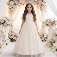 thumbnail image 3 of LYHaoo Elegant Long Sleeveless Dress For Girls Lace Formal Gown With Puffy Skirt Perfect For And Parties，Casual Floral Dresses Sizes 11-12 Years Beige, 3 of 5