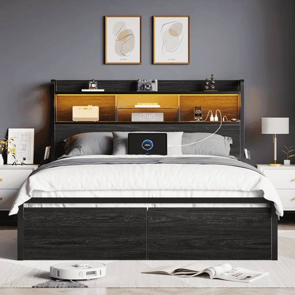 Satifur Queen Bed Frame with 2 Drawers & Headboard Storage Shelf, Noise Free, Black