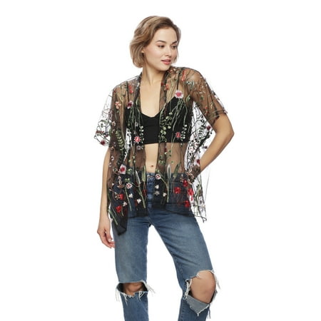Mesh Kimono - Womens Floral Embroidery Sheer Mesh Kimono Tunic Oversized Outerwear Top for Spring Summer