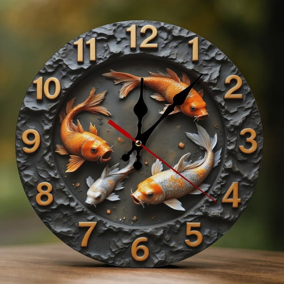 Wall Clock Decorative - Vintage Koi Fish Circle Print 2D Vintage Wall Clocks Battery Operated Silent Non-Ticking for Bedroom, Living Room, Kitchen, Office, Classroom, 10 Inch
