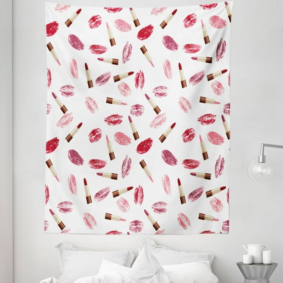 Cosmetics Tapestry, Beauty Theme Pink and Burgundy Lipstick and Kiss Pattern Makeup Concept, Fabric Wall Hanging Decor for Bedroom Living Room Dorm, 5 Sizes, Burgundy and Pink, by Ambesonne