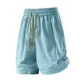 thumbnail image 5 of Plus Size Women's Nylon High Waisted Elastic Drawstring Workout Shorts with Pockets, Running Gym Hiking Casual Summer, Womens Athletic Shorts | UKHCCC,Sky Blue 3XL, 5 of 7
