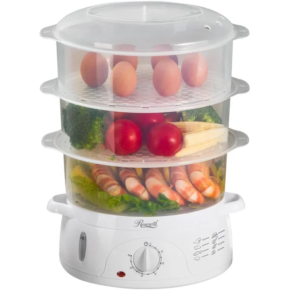 ROSEWILL 4 in 1 Electric Food Steamer, Steamer, Baby food maker, Rice cooker and Sterilizer, 800W turbo steam fast heating, 3 Tier stackable baskets,9.5Qt