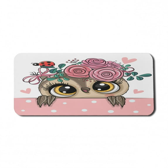 Animals Computer Mouse Pad, Cartoon Owls with Flowers on Ladybird and Small Hearts Polka Dots, Rectangle Non-Slip Rubber Mousepad X-Large, 35" x 15", Pastel Pink and Multicolor, by Ambesonne