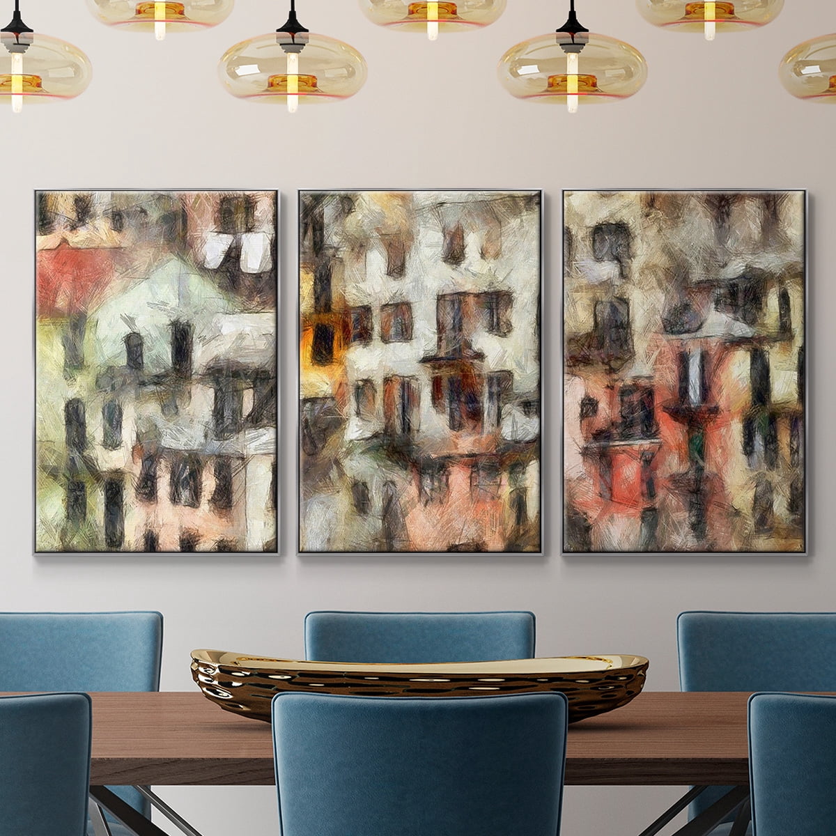 Stacked Houses I - Framed Premium Gallery Wrapped Canvas L Frame 3 Piece Set - Ready to Hang