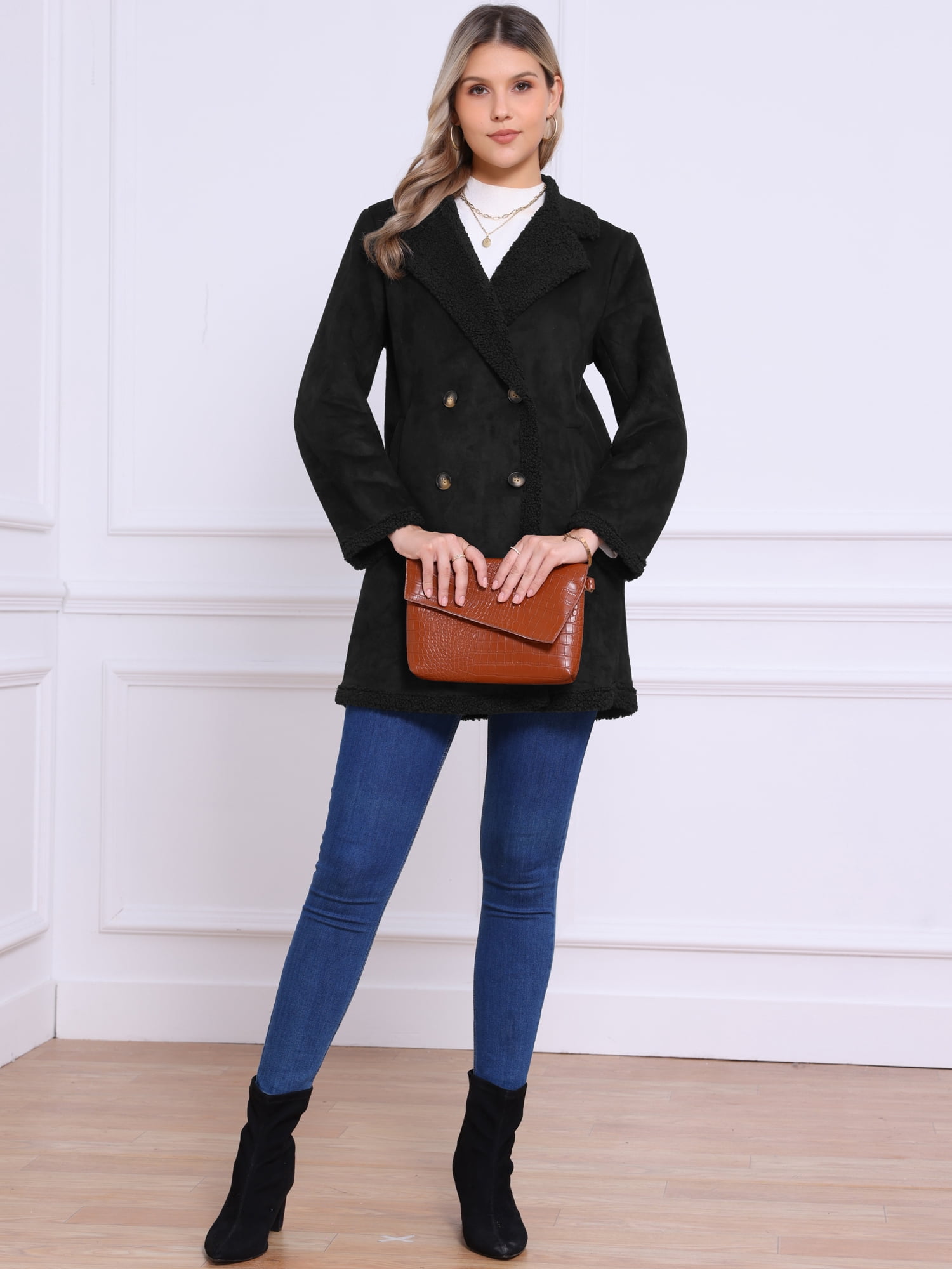 DARING DIVA Women's Faux Suede Coat Double Breasted Warm Teddy Jacket S Black