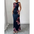 thumbnail image 5 of Women Floral Print Ruched Bodycon Dress Elegant Crew Neck Sleeveless Maxi Dresses Navy Blue M, 5 of 9