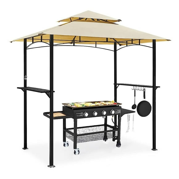 AECOJOY Auvent de Gazebo pour Gril 8 X 5 Pi, Abri de Gazebo BBQ Extérieur à 2 Niveaux pour Patio, Cour Arrière et Jardin, Tente pour Gril avec Toit Ventilé, Beige