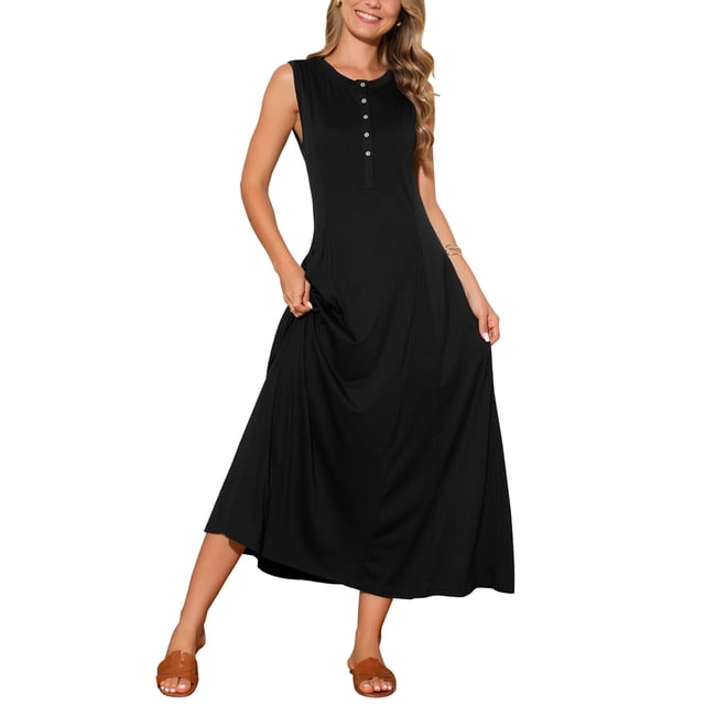 Vestidos sin mangas Inspire Chic para mujer, con botones, corte acampanado, estilo casual, largos, para verano, color negro