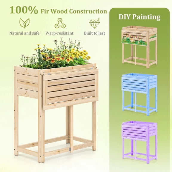 DRAZUNO Wooden Raised Garden Bed w/ Legs, Foldable Side Table, Drainage for Flower