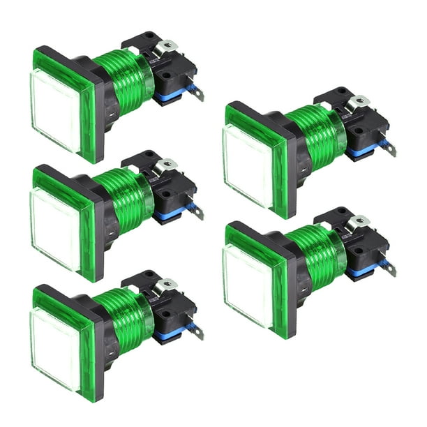 Botón de juego Uxcell cuadrado de 12V con LED iluminado y microinterruptor para arcade de video blanco y verde 5 piezas
