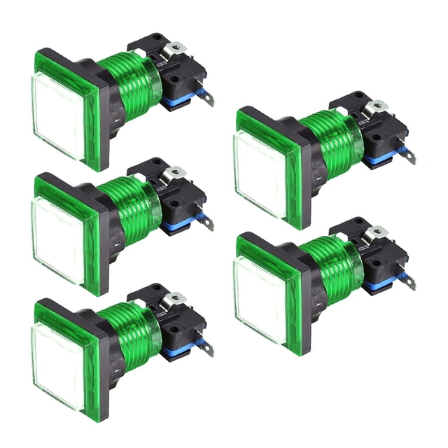 Botón de juego Uxcell cuadrado de 12V con LED iluminado y microinterruptor para arcade de video blanco y verde 5 piezas