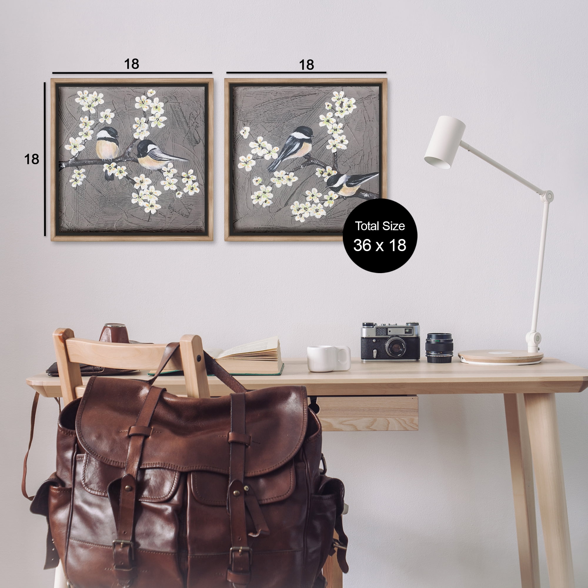 Stupell Industries Chickadee Birds Flowering Branch Animals Painting Brown Floater Framed Canvas Art Print Wall Art, 18 x 18, Set of 2