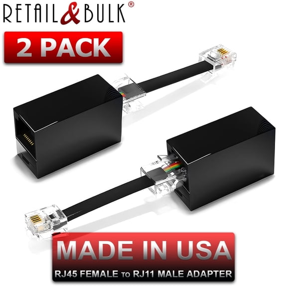 RJ11 to RJ45 Phone Jack to Ethernet Adapter (RJ45 Female to RJ11 Male) 2-PACK, Made in USA