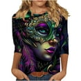 thumbnail image 2 of Cavosen Carnival Day Womens Tops Casual 3/4 Sleeve Festival Mardi Gras Round Neck Shirts Mask Graphic Print Blouse Holiday Fashion Tops Dressy Workout T-Shirts Party Shrove Tuesday M, 2 of 5