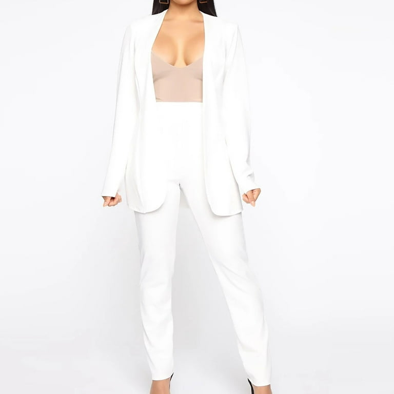 SELONE Blazer Jackets for Women Two Piece Outfits Going Out Business Attire  2 Piece Outfits Long Sleeve Coats Tops Solid Long Pants Sets 3-White XL