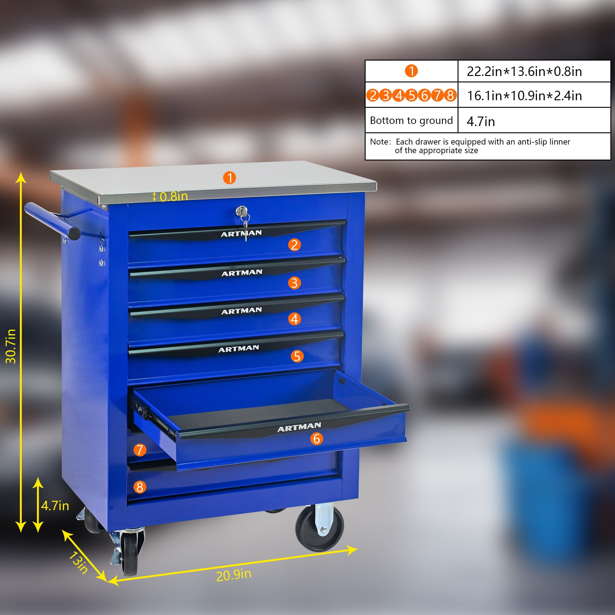 7-Drawer Heavy-Duty Rolling Tool Chest Cart with Wheels & Stainless Steel Roof