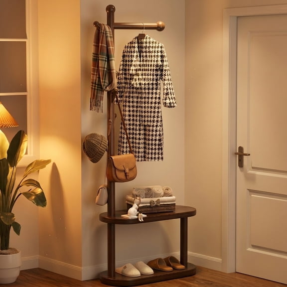 LIXI Coat Rack Freestanding, Sturdy Wooden Coat Racks Hall Tree with 6 Hooks, Easy Assembly for Bedroom, Entryway, Hallway, Office, Walnut