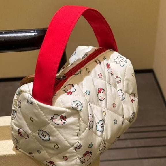 Cute Hello Kitty Quilted Polyester Cotton Handbag,Cartoon Sanrio Cloud Puffy Tote Bag for Women Cosmetic Travel Bag