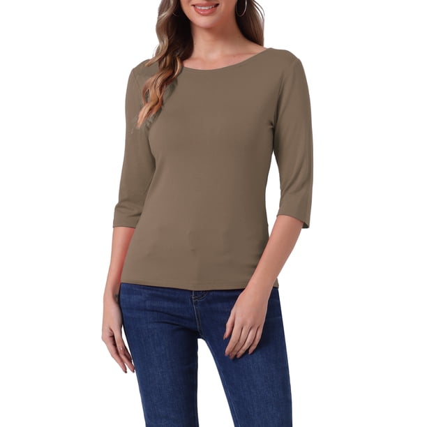 CAMISETA CASUAL DE AJUSTE SLIM CON CUELLO BARCO Y MANGAS ALBARDADAS PARA MUJERES INSPIRADAS EN CHIC COLOR CAMEL TALLA XS