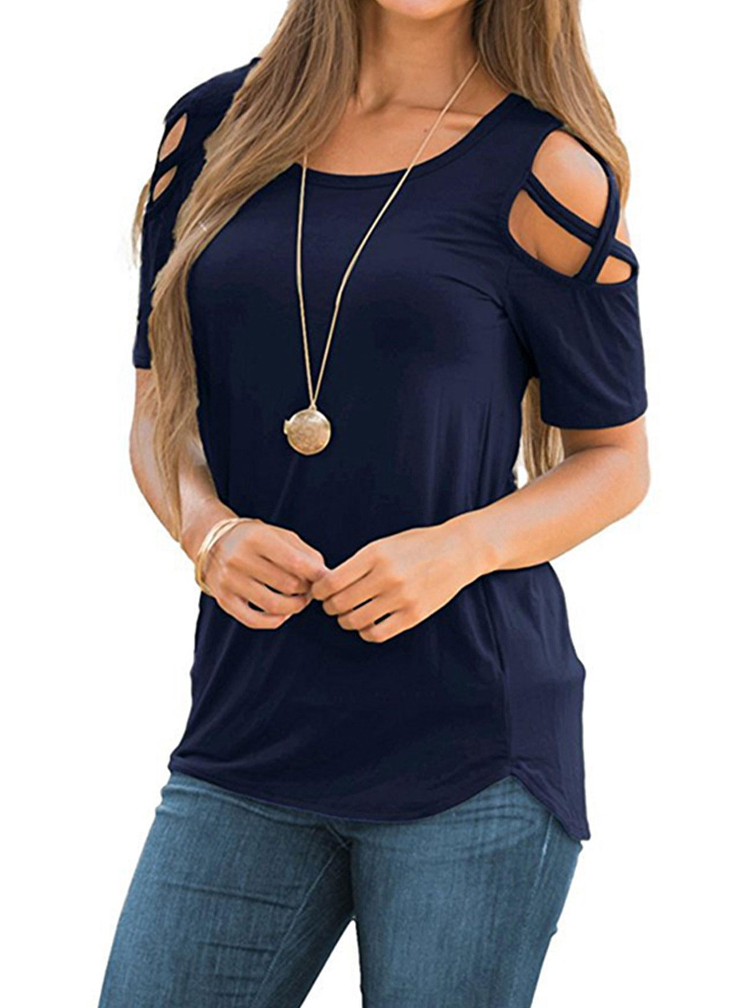 DYMADE Womens Blouse Strappy Short Sleeve Cold Shoulder Tops