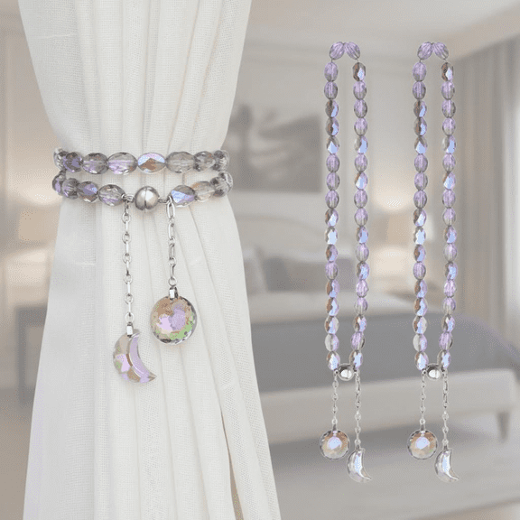 Crystal Beaded Sun and Moon Magnetic Curtain Tiebacks, 2-Pack Purple Drapery Holdbacks for Sheer Curtains and Window Decor in Home or Office