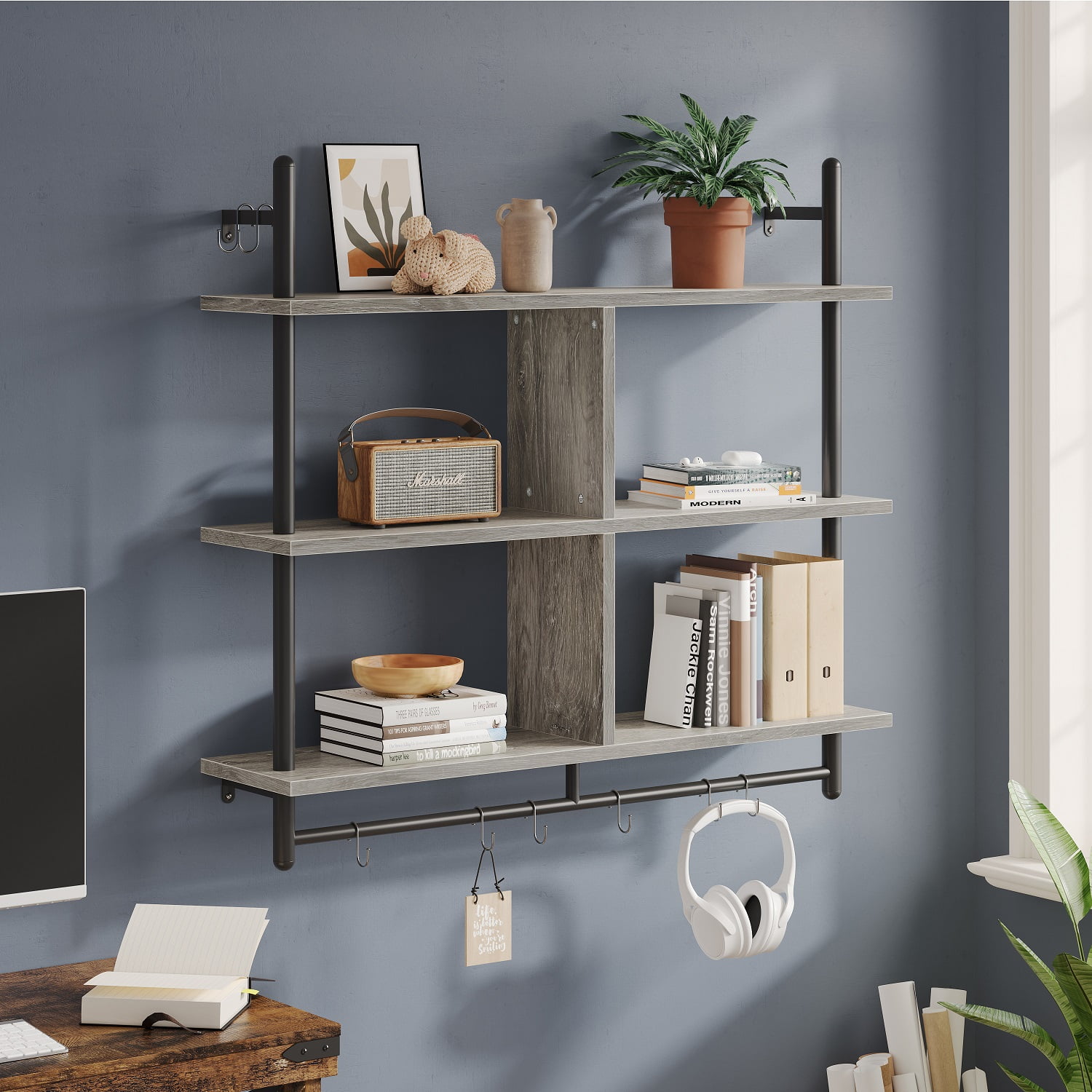 Bestier LED Kitchen Floating Shelves, 34 Industrial Pipe Shelves with  Adjustable Glass Shelves, Wall Mounted Shelf