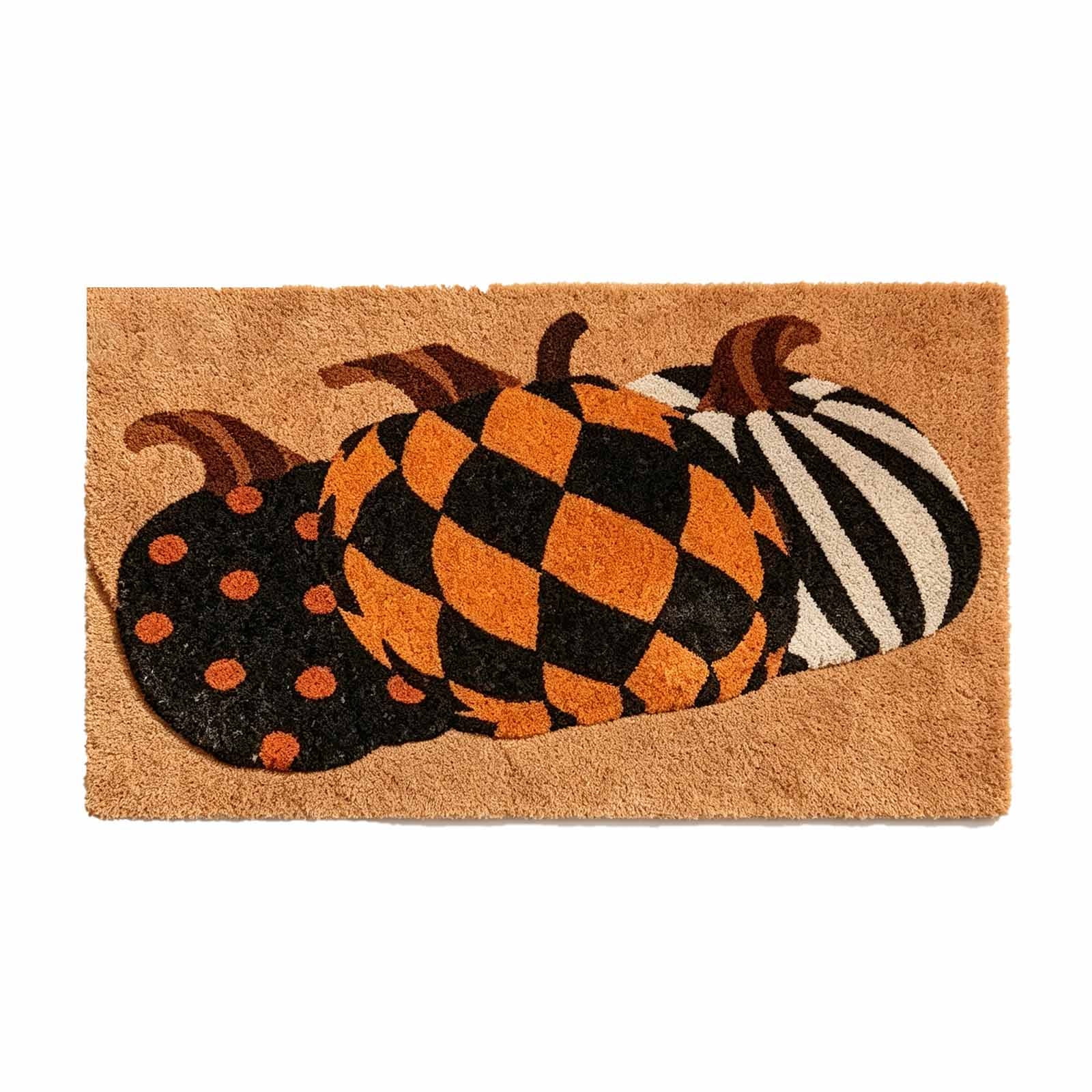 Fall Pumpkin Doormat Multicolor Coir Entryway Rug Decoration with Polka Dot Check & Striped Patterns for Halloween Thanksgiving Porch and Front Door