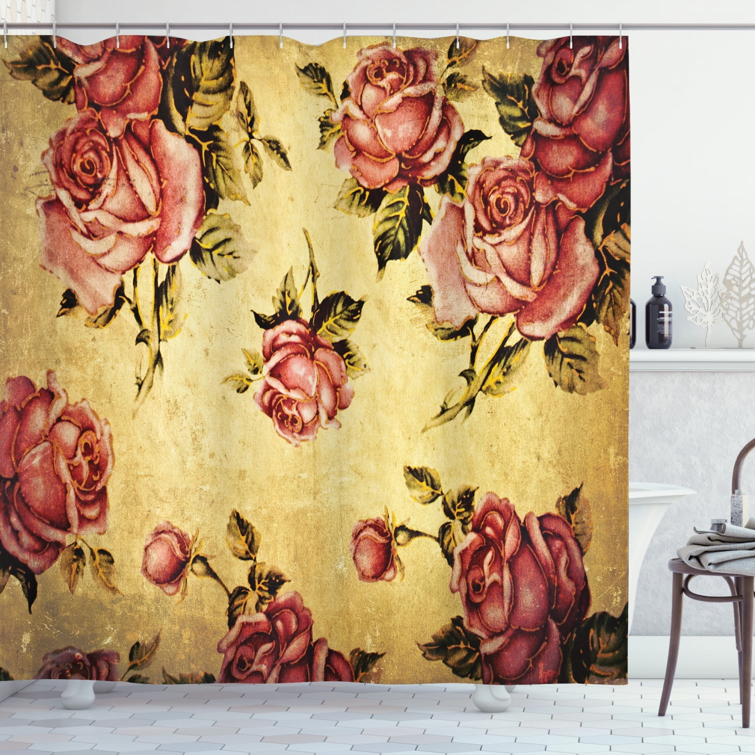 Vintage Rose Postcard Shower Curtain Set Waterproof Fabric Decor Curtains& Hooks 