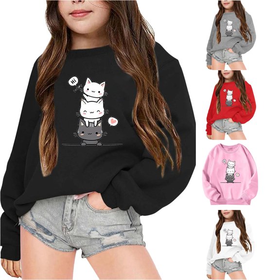 JCCXIN Baby Girls Sweatshirt Oversized Pullover Cat Cartoon Graphic Long Sleeve Crew Neck Outdoor Playwear Casual Fall Winter School Daily Wear Soft Street Tops,Black,3-4 Years