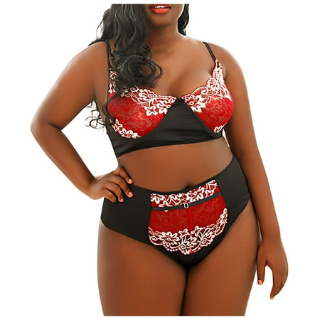 

EHTMSAK High Waist Sexy Lingerie for Women Lace Teddy Lingerie Set High Waisted Plus Size Babydoll Bra and Panty Sets Red 2XL