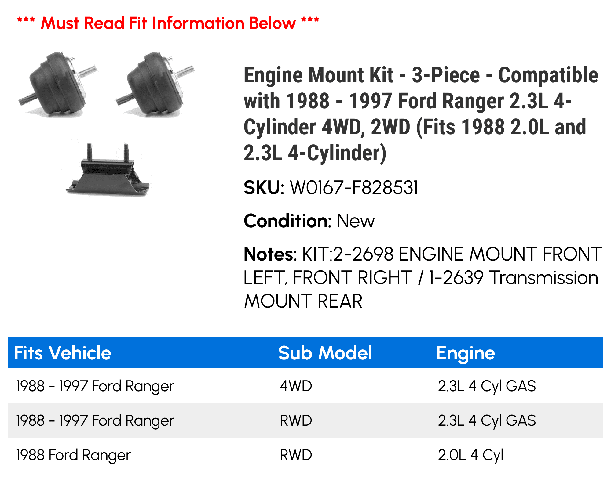Engine Mount Kit - 3-Piece - Compatible with 1988 - 1997 Ford Ranger 2.3L 4-Cylinder 4WD, 2WD (Fits 1988 2.0L and 2.3L 4-Cylinder) 1989 1990 1991 1992 1993 1994 1995 1996