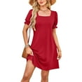 thumbnail image 2 of JGGSPWM Summer Dresses for Women 2025 Casual Cute Square Neck Puff Short Sleeve Dress with Pockets Red M, 2 of 7