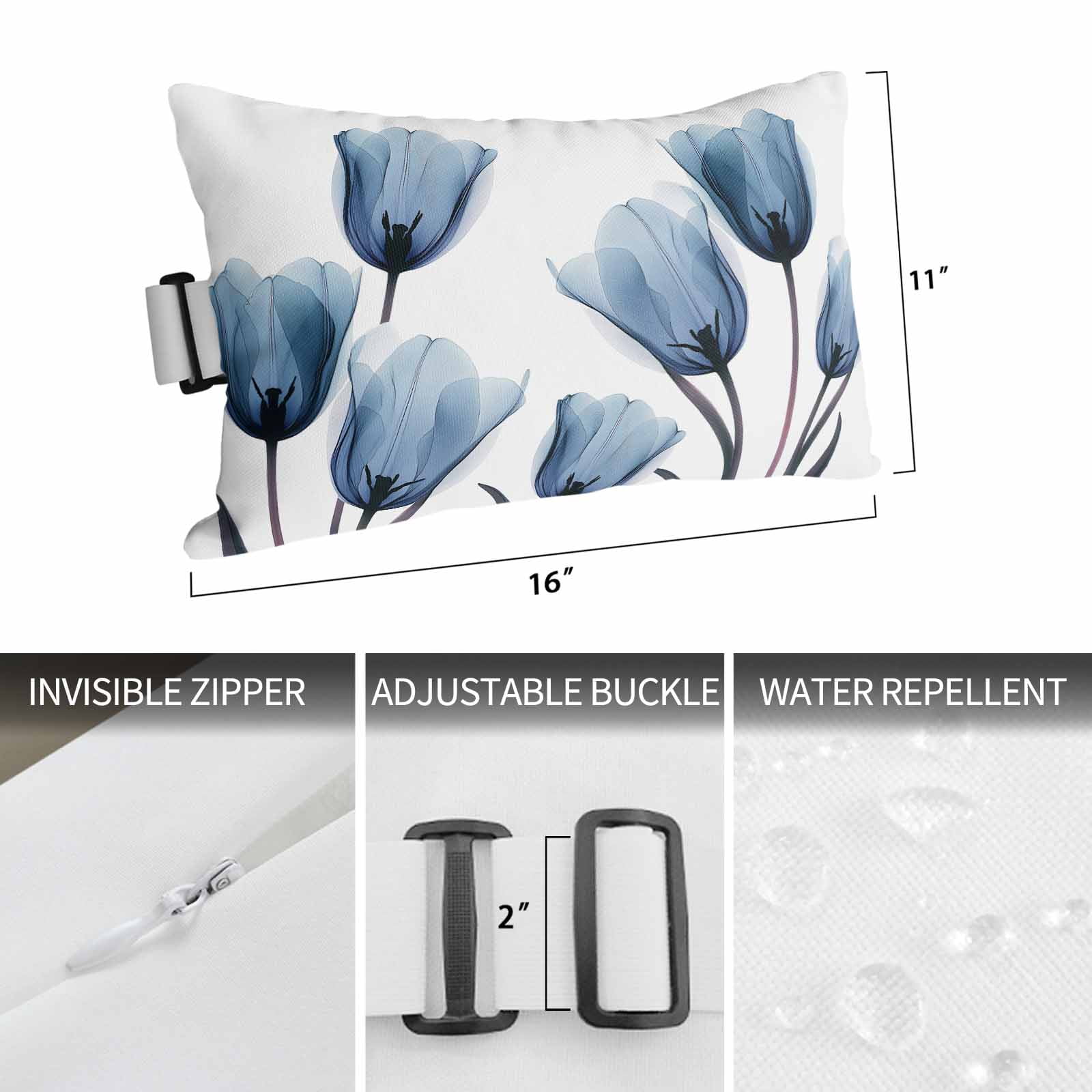 Blue Tulip Outdoor Chaise Lounge Pillows Minimalist Modern Flower Plant Art Lumbar Pillows with Insert Adjustable Elastic Strap Headrest Pillow for Recliner Patio Chair 1 Pack 11x16 Inch
