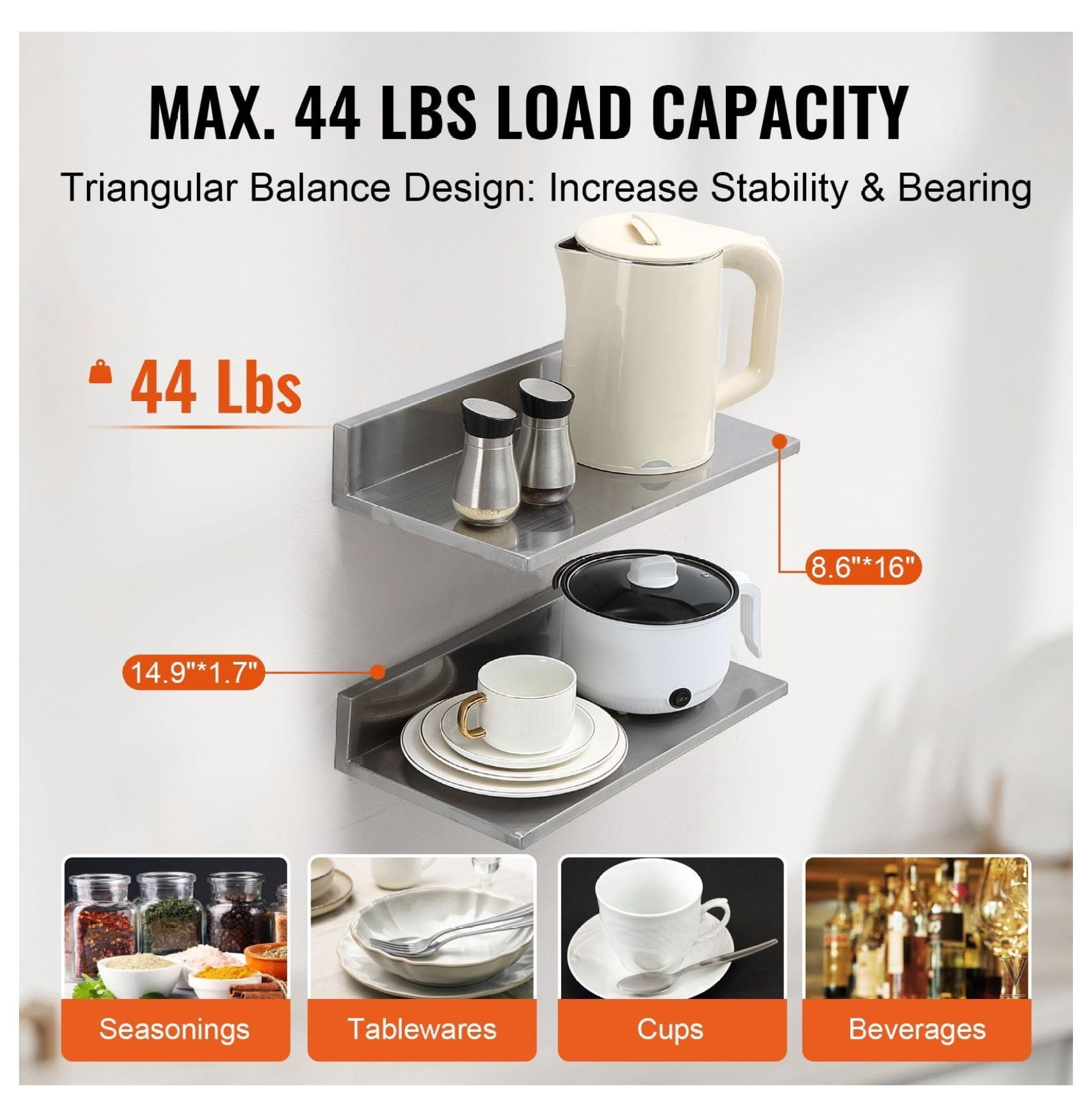Stainless Steel Shelf 8.6x16 Inch, Wall Mounted Floating Shelves with Backsplash, 44lbs Capacity, Heavy Duty Storage for Kitchen, Restaurant, Bar, Hotel