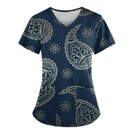 

Sksloeg Women s Scrubs Vintage Printed Top Comfortable Easy Lightweight Workwear V-Neck Scrub Top with Pockets Navy XL