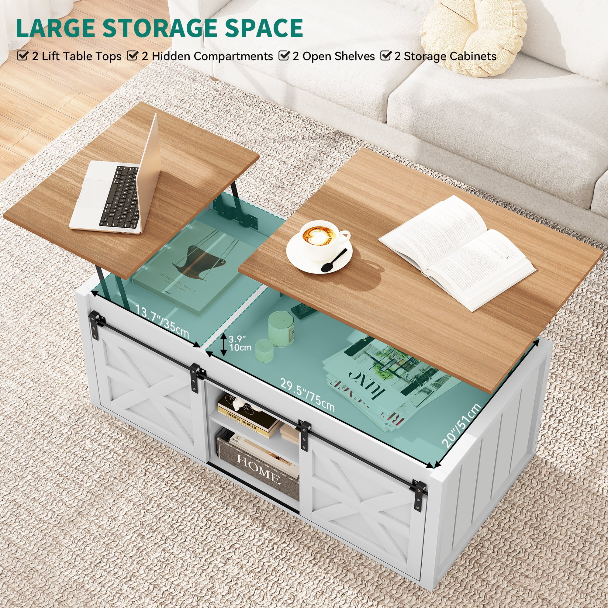 Uforic 48" Farmhouse Lift Top Coffee Table with Sliding Barn Door